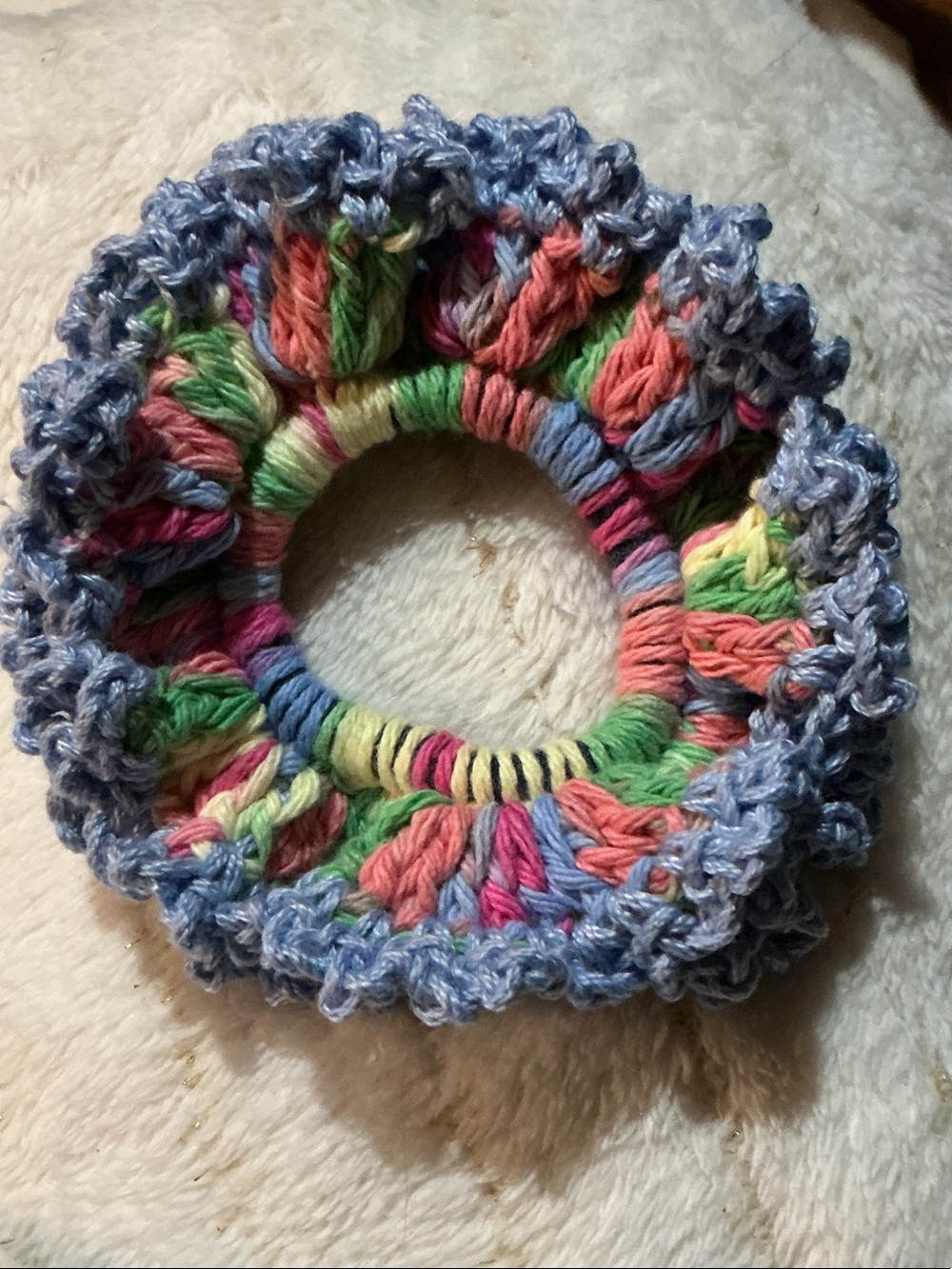 Hand Crafted Blue Multi-Color Crochet Hair Scrunchie
